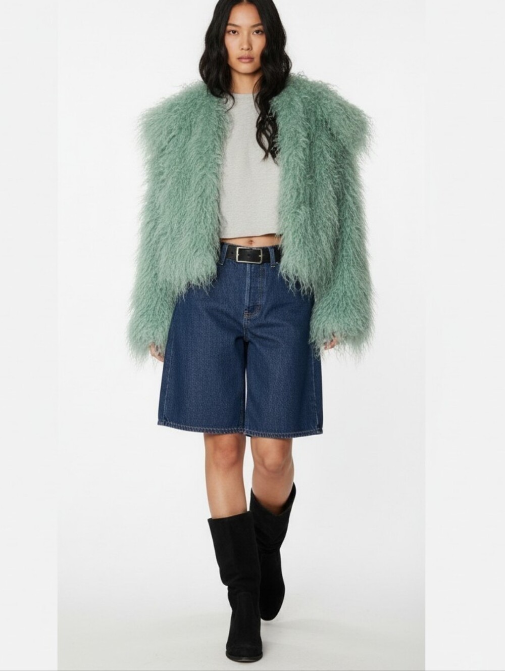 Free People Moonlight Faux Fur Jacket Sage Mint Green Shaggy Teddy Coat NWT Sz S